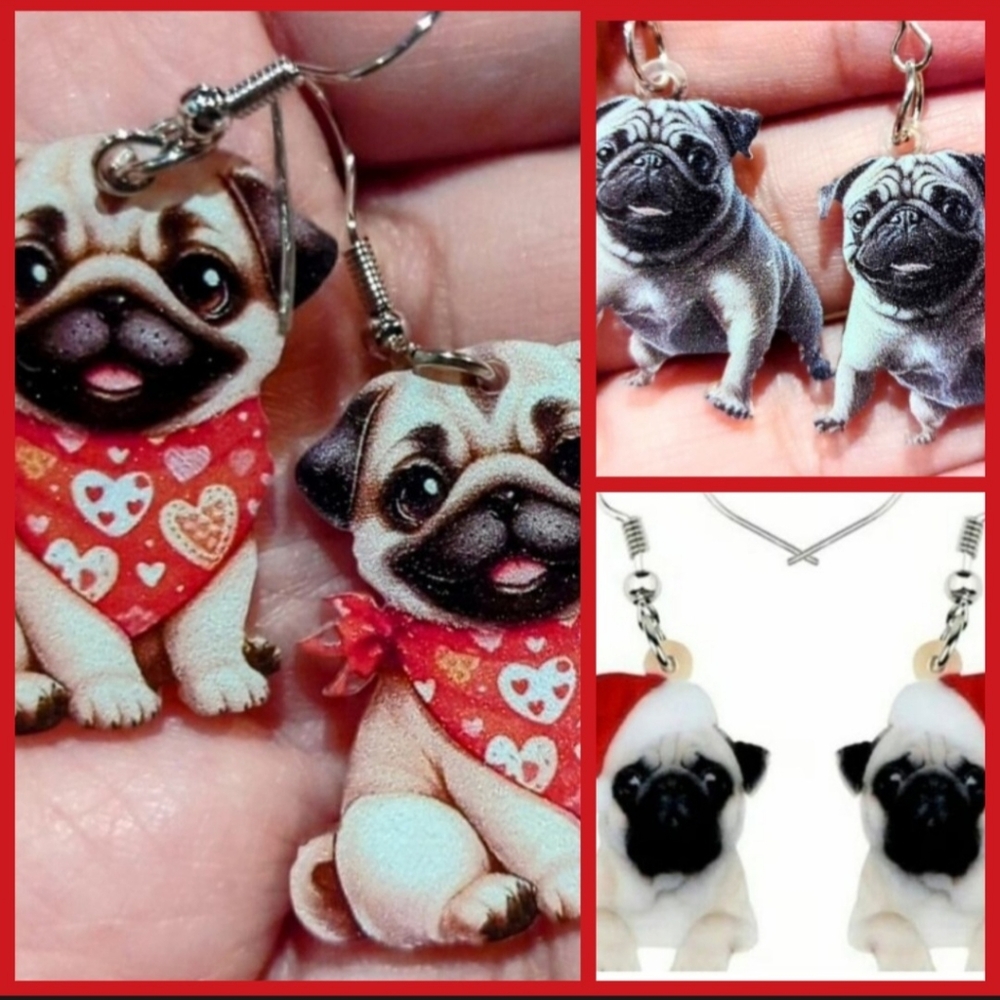 Playful PUG Dog Earrings 3 pair red hearts bandana Santa hat